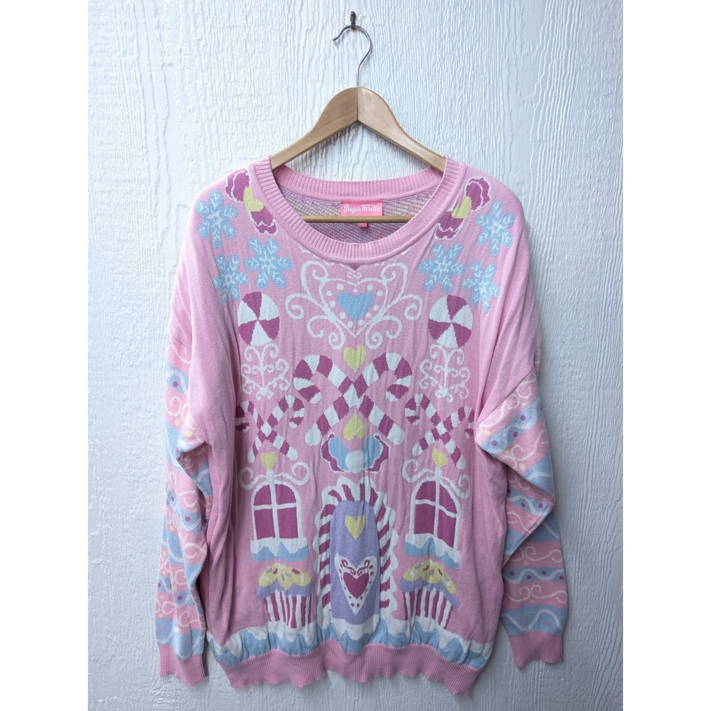 Doll Kill Sugar Thrillz Gingerbread House Oversized Sweater Pink Christmas M/L